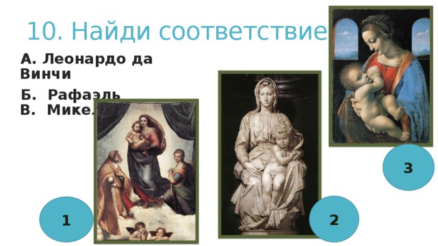 10. Найди соответствие А. Леонардо да Винчи Б. Рафаэль  В. Микеланджело 3 2 1 