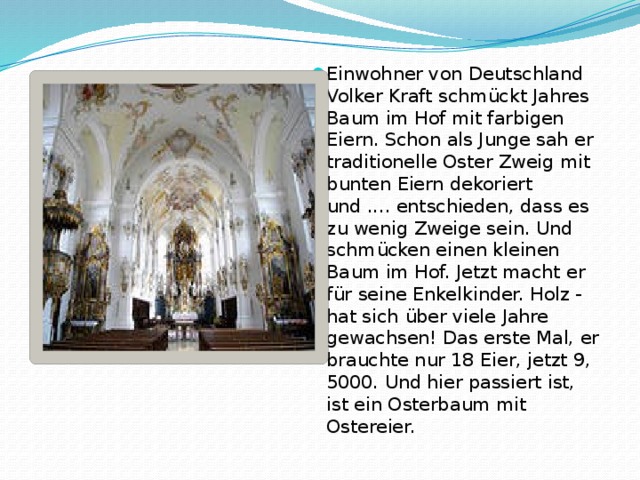Einwohner von Deutschland Volker Kraft schmückt Jahres Baum im Hof ​​mit farbigen Eiern. Schon als Junge sah er traditionelle Oster Zweig mit bunten Eiern dekoriert und .... entschieden, dass es zu wenig Zweige sein. Und schmücken einen kleinen Baum im Hof. Jetzt macht er für seine Enkelkinder. Holz - hat sich über viele Jahre gewachsen! Das erste Mal, er brauchte nur 18 Eier, jetzt 9, 5000. Und hier passiert ist, ist ein Osterbaum mit Ostereier.  