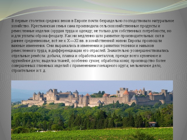 В первые столетия средних веков в Европе почти безраздельно господствовало натуральное хозяйство. Крестьянская семья сама производила сельскохозяйственные продукты и ремесленные изделия (орудия труда и одежду; не только для собственных потребности, но и для уплаты оброка феодалу. Как ни медленно шло развитие производительных сил в раннее средневековье, всё же к X—XI вв. в хозяйственной жизни Европы произошли важные изменения. Они выражались в изменении и развитии техники и навыков ремесленного труда, в дифференциации его отраслей. Значительно усовершенствовались отдельные ремёсла: добыча, плавка и обработка металлов, прежде всего кузнечное и оружейное дело; выделка тканей, особенно сукон; обработка кожи; производство более совершенных глиняных изделий с применением гончарного круга; мельничное дело, строительное и т. д. 