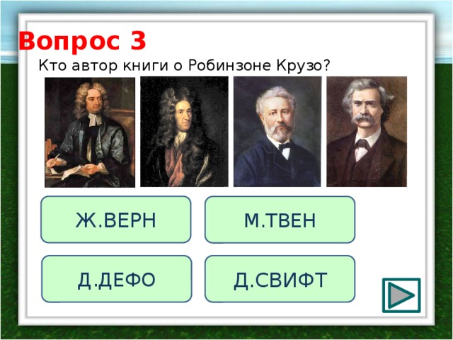Вопрос 3 Кто автор книги о Робинзоне Крузо? Ж.ВЕРН М.ТВЕН Д.ДЕФО Д.СВИФТ 