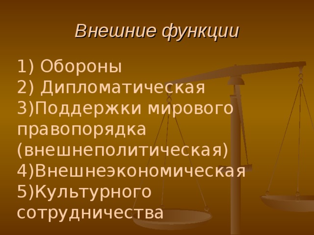 Внешние функции 1) Обороны 2) Дипломатическая 3)Поддержки мирового правопорядка (внешнеполитическая) 4)Внешнеэкономическая 5)Культурного сотрудничества 