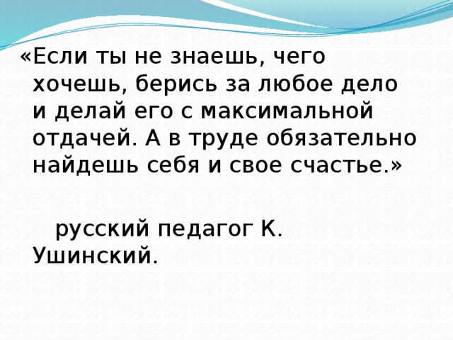 «Если ты не знаешь, чего хочешь, берись за любое дело и делай его с максимальной отдачей. А в труде обязательно найдешь себя и свое счастье.»  русский педагог К. Ушинский. 