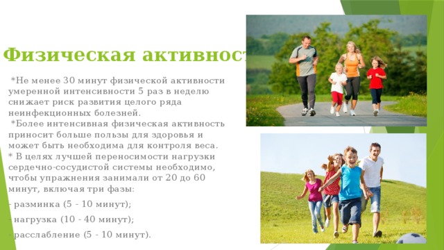 Физическая активность   *Не менее 30 минут физической активности умеренной интенсивности 5 раз в неделю снижает риск развития целого ряда неинфекционных болезней.   *Более интенсивная физическая активность приносит больше пользы для здоровья и может быть необходима для контроля веса.  * В целях лучшей переносимости нагрузки сердечно-сосудистой системы необходимо, чтобы упражнения занимали от 20 до 60 минут, включая три фазы: - разминка (5 - 10 минут); - нагрузка (10 - 40 минут); - расслабление (5 - 10 минут). 
