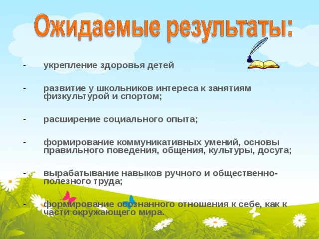укрепление здоровья детей  развитие у школьников интереса к занятиям физкультурой и спортом;  расширение социального опыта;  формирование коммуникативных умений, основы правильного поведения, общения, культуры, досуга;  вырабатывание навыков ручного и общественно-полезного труда;  формирование осознанного отношения к себе, как к части окружающего мира.   