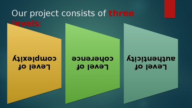 Level of complexity Level of coherence Level of authenticity Our project consists of three levels : 