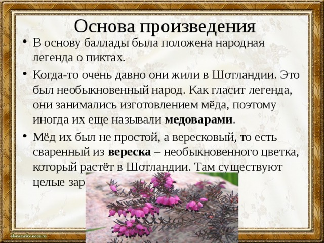 Основа произведения В основу баллады была положена народная легенда о пиктах. Когда-то очень давно они жили в Шотландии. Это был необыкновенный народ. Как гласит легенда, они занимались изготовлением мёда, поэтому иногда их еще называли медоварами . Мёд их был не простой, а вересковый, то есть сваренный из вереска – необыкновенного цветка, который растёт в Шотландии. Там существуют целые заросли этого растения 