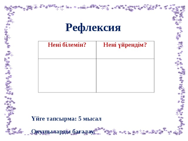  Рефлексия   Нені білемін? Нені үйрендім?   Үйге тапсырма: 5 мысал Оқушыларды бағалау.   