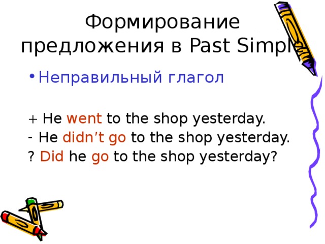 Формирование предложения в Past Simple Неправильный глагол + He went to the shop yesterday. He didn’t go to the shop yesterday. ? Did he go to the shop yesterday? 