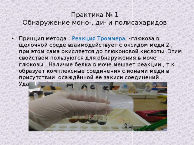 Практика № 1  Обнаружение моно-, ди- и полисахаридов Принцип метода : Реакция Троммера -глюкоза в щелочной среде взаимодействует с оксидом меди 2 , при этом сама окисляется до глюконовой кислоты .Этим свойством пользуются для обнаружения в моче глюкозы . Наличие белка в моче мешает реакции , т.к. образует комплексные соединения с ионами меди в присутствии осаждённой ее закиси соединений . Удаляют белок методом осаждения . 