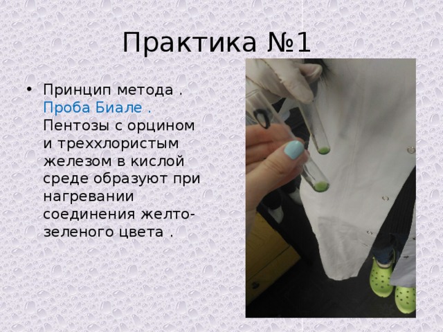 Практика №1 Принцип метода . Проба Биале .  Пентозы с орцином и треххлористым железом в кислой среде образуют при нагревании соединения желто-зеленого цвета . 