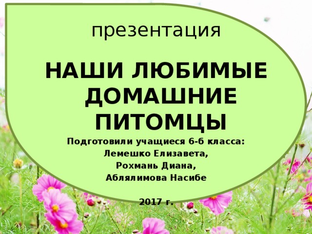 презентация НАШИ ЛЮБИМЫЕ ДОМАШНИЕ ПИТОМЦЫ Подготовили учащиеся 6-б класса: Лемешко Елизавета, Рохмань Диана, Аблялимова Насибе  2017 г. 