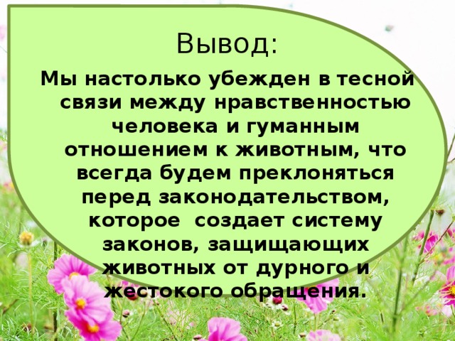 Вывод:  Мы настолько убежден в тесной связи между нравственностью человека и гуманным отношением к животным, что всегда будем преклоняться перед законодательством, которое создает систему законов, защищающих животных от дурного и жестокого обращения. 