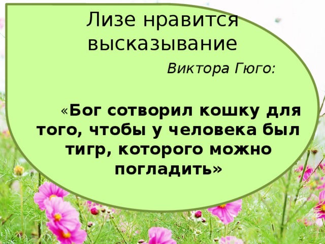 Лизе нравится высказывание  Виктора Гюго:   « Бог сотворил кошку для того, чтобы у человека был тигр, которого можно погладить» 