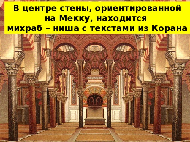 В центре стены, ориентированной на Мекку, находится михраб – ниша с текстами из Корана
