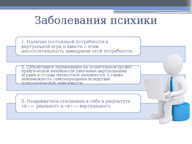 Заболевания психики 1. Наличие постоянной потребности в виртуальной игре и вместе с этим несостоятельность замещения этой потребности. 2. Субъективное переживание на сознательном уровне практической ненужности увлечения виртуальными играми и отсюда личностной ненужности, а также невозможность самозапрещения вследствие психологической зависимости. 3. Неадекватное отношение к себе в результате «я» — реального и «я» — виртуального. 