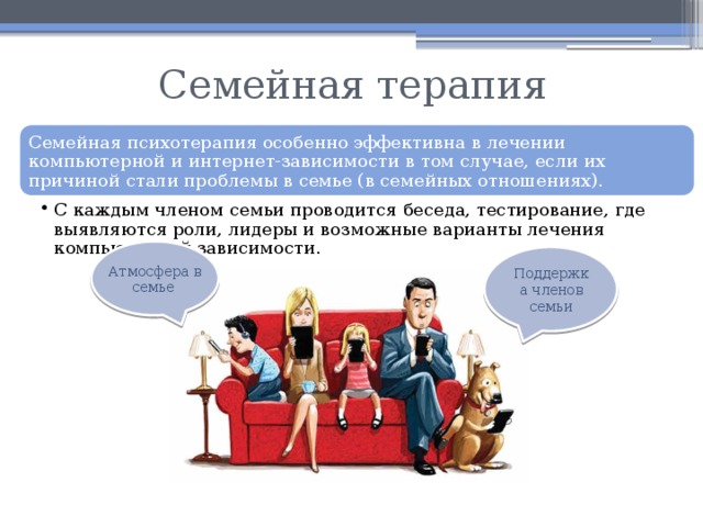 Семейная терапия Семейная психотерапия особенно эффективна в лечении компьютерной и интернет-зависимости в том случае, если их причиной стали проблемы в семье (в семейных отношениях). С каждым членом семьи проводится беседа, тестирование, где выявляются роли, лидеры и возможные варианты лечения компьютерной зависимости. С каждым членом семьи проводится беседа, тестирование, где выявляются роли, лидеры и возможные варианты лечения компьютерной зависимости. Атмосфера в семье Поддержка членов семьи 