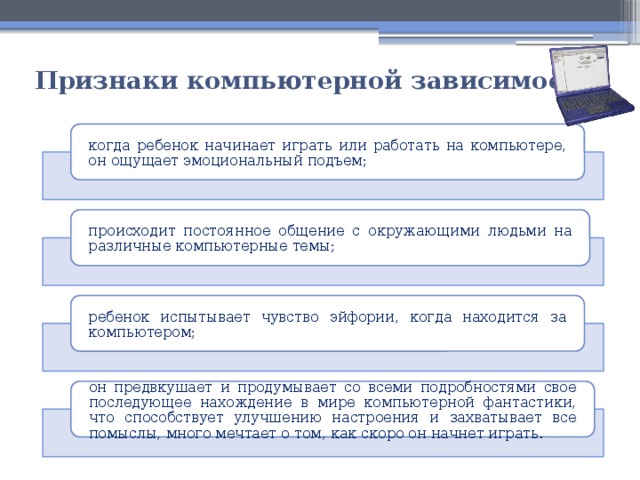 Признаки компьютерной зависимости когда ребенок начинает играть или работать на компьютере, он ощущает эмоциональный подъем; происходит постоянное общение с окружающими людьми на различные компьютерные темы; ребенок испытывает чувство эйфории, когда находится за компьютером; он предвкушает и продумывает со всеми подробностями свое последующее нахождение в мире компьютерной фантастики, что способствует улучшению настроения и захватывает все помыслы, много мечтает о том, как скоро он начнет играть. 