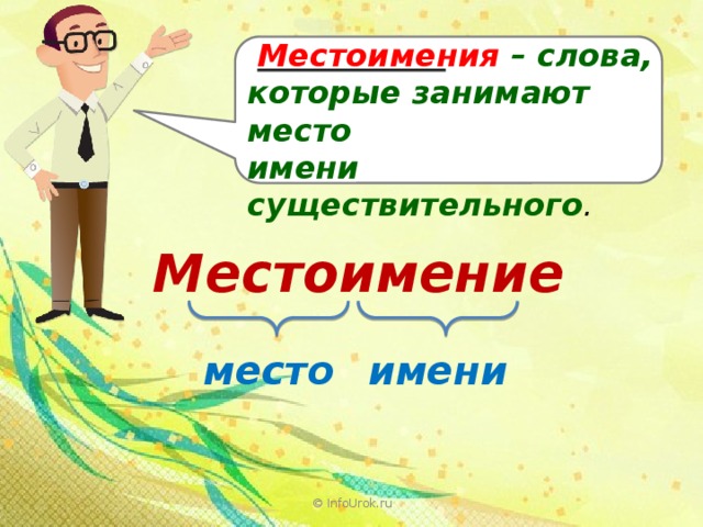  Местоимения – слова, которые занимают место имени существительного . Местоимение место имени © InfoUrok.ru 