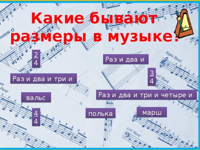  Какие бывают  размеры в музыке? 2 4 Раз и два и 3 4 Раз и два и три и Раз и два и три и четыре и вальс марш полька 4 4 