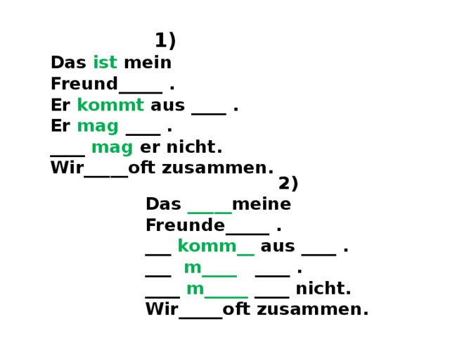 1) Das ist mein Freund_____ . Er kommt aus ____ . Er mag ____ . ____ mag er nicht. Wir_____oft zusammen. 2) Das _____ meine Freunde_____ . ___ komm__ aus ____ . ___ m____ ____ . ____ m_____ ____ nicht. Wir_____oft zusammen. 