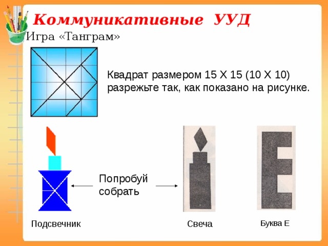 Коммуникативные УУД Игра «Танграм» Квадрат размером 15 Х 15 (10 Х 10) разрежьте так, как показано на рисунке. Попробуй собрать Подсвечник Свеча Буква Е 