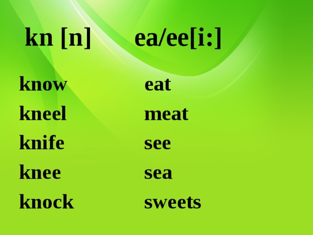 kn [n]    ea/ee[i:] know      eat kneel      meat knife      see knee      sea knock      sweets 