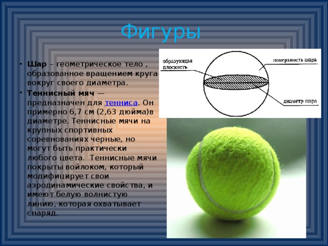 Фигуры Шар – геометрическое тело , образованное вращением круга вокруг своего диаметра. Теннисный мяч  — предназначен для  тенниса . Он примерно 6,7 см (2,63 дюйма)в диаметре. Теннисные мячи на крупных спортивных соревнованиях черные, но могут быть практически любого цвета. Теннисные мячи покрыты войлоком, который модифицирует свои аэродинамические свойства, и имеют белую волнистую линию, которая охватывает снаряд. 