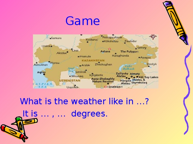 Game  What is the weather like in …?  It is … , … degrees. 