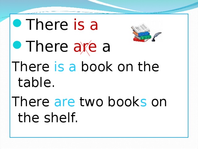 There is a There are a There is a book on the table. There are two book s on the shelf. 