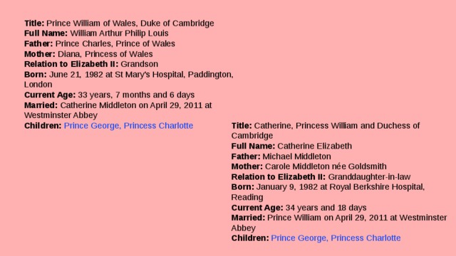 Title:  Prince William of Wales, Duke of Cambridge  Full Name:  William Arthur Philip Louis  Father:  Prince Charles, Prince of Wales  Mother:  Diana, Princess of Wales  Relation to Elizabeth II:  Grandson  Born:  June 21, 1982 at St Mary's Hospital, Paddington, London  Current Age:  33 years, 7 months and 6 days  Married:  Catherine Middleton on April 29, 2011 at Westminster Abbey  Children:   Prince George, Princess Charlotte   Title:  Catherine, Princess William and Duchess of Cambridge  Full Name:  Catherine Elizabeth  Father:  Michael Middleton  Mother:  Carole Middleton née Goldsmith  Relation to Elizabeth II:  Granddaughter-in-law  Born:  January 9, 1982 at Royal Berkshire Hospital, Reading  Current Age:  34 years and 18 days  Married:  Prince William on April 29, 2011 at Westminster Abbey  Children:   Prince George, Princess Charlotte    