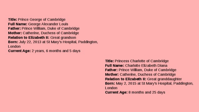 Title:  Prince George of Cambridge  Full Name:  George Alexander Louis  Father:  Prince William, Duke of Cambridge  Mother:  Catherine, Duchess of Cambridge  Relation to Elizabeth II:  Great grandson  Born:  July 22, 2013 at St Mary's Hospital, Paddington, London  Current Age:  2 years, 6 months and 5 days Title:  Princess Charlotte of Cambridge  Full Name:  Charlotte Elizabeth Diana  Father:  Prince William, Duke of Cambridge  Mother:  Catherine, Duchess of Cambridge  Relation to Elizabeth II:  Great granddaughter  Born:  May 2, 2015 at St Mary's Hospital, Paddington, London  Current Age:  8 months and 25 days 