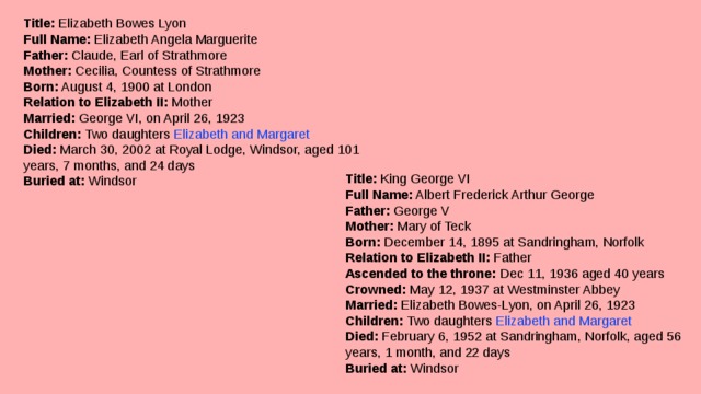 Title:  Elizabeth Bowes Lyon  Full Name:  Elizabeth Angela Marguerite  Father:  Claude, Earl of Strathmore  Mother:  Cecilia, Countess of Strathmore  Born:  August 4, 1900 at London  Relation to Elizabeth II:  Mother  Married:  George VI, on April 26, 1923  Children:  Two daughters  Elizabeth and Margaret  Died:  March 30, 2002 at Royal Lodge, Windsor, aged 101 years, 7 months, and 24 days  Buried at:  Windsor Title:  King George VI  Full Name:  Albert Frederick Arthur George  Father:  George V  Mother:  Mary of Teck  Born:  December 14, 1895 at Sandringham, Norfolk  Relation to Elizabeth II:  Father  Ascended to the throne:  Dec 11, 1936 aged 40 years  Crowned:  May 12, 1937 at Westminster Abbey  Married:  Elizabeth Bowes-Lyon, on April 26, 1923  Children:  Two daughters  Elizabeth and Margaret  Died:  February 6, 1952 at Sandringham, Norfolk, aged 56 years, 1 month, and 22 days  Buried at:  Windsor 