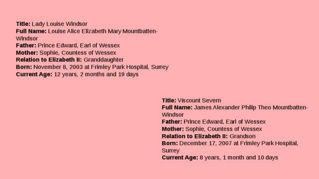 Title:  Lady Louise Windsor  Full Name:  Louise Alice Elizabeth Mary Mountbatten-Windsor  Father:  Prince Edward, Earl of Wessex  Mother:  Sophie, Countess of Wessex  Relation to Elizabeth II:  Granddaughter  Born:  November 8, 2003 at Frimley Park Hospital, Surrey  Current Age:  12 years, 2 months and 19 days Title:  Viscount Severn  Full Name:  James Alexander Philip Theo Mountbatten-Windsor  Father:  Prince Edward, Earl of Wessex  Mother:  Sophie, Countess of Wessex  Relation to Elizabeth II:  Grandson  Born:  December 17, 2007 at Frimley Park Hospital, Surrey  Current Age:  8 years, 1 month and 10 days 