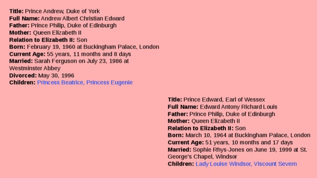 Title:  Prince Andrew, Duke of York  Full Name:  Andrew Albert Christian Edward  Father:  Prince Philip, Duke of Edinburgh  Mother:  Queen Elizabeth II  Relation to Elizabeth II:  Son  Born:  February 19, 1960 at Buckingham Palace, London  Current Age:  55 years, 11 months and 8 days  Married:  Sarah Ferguson on July 23, 1986 at Westminster Abbey  Divorced:  May 30, 1996  Children:   Princess Beatrice, Princess Eugenie Title:  Prince Edward, Earl of Wessex  Full Name:  Edward Antony Richard Louis  Father:  Prince Philip, Duke of Edinburgh  Mother:  Queen Elizabeth II  Relation to Elizabeth II:  Son  Born:  March 10, 1964 at Buckingham Palace, London  Current Age:  51 years, 10 months and 17 days  Married:  Sophie Rhys-Jones on June 19, 1999 at St. George's Chapel, Windsor  Children:   Lady Louise Windsor, Viscount Severn 
