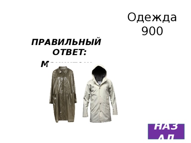 Одежда  900 ПРАВИЛЬНЫЙ ОТВЕТ: Макинтош НАЗАД 