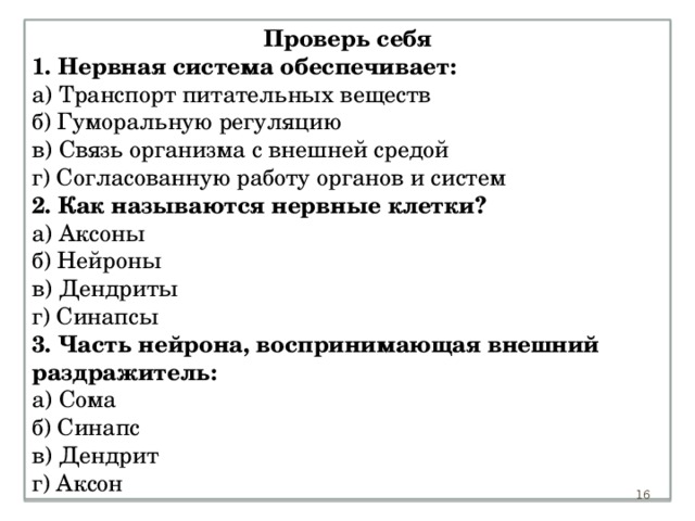 Проверь себя 1. Нервная система обеспечивает: а) Транспорт питательных веществ б) Гуморальную регуляцию в) Связь организма с внешней средой г) Согласованную работу органов и систем 2. Как называются нервные клетки? а) Аксоны б) Нейроны в) Дендриты г) Синапсы 3. Часть нейрона, воспринимающая внешний раздражитель: а) Сома б) Синапс в) Дендрит г) Аксон  
