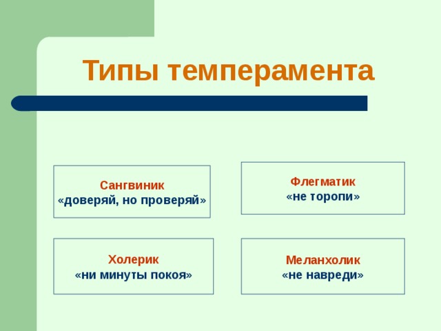 Типы темперамента Флегматик «не торопи» Сангвиник «доверяй, но проверяй» Холерик Меланхолик «ни минуты покоя» «не навреди» 