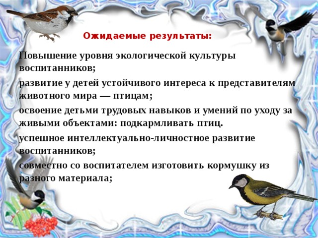 Ожидаемые результаты:     Повышение уровня экологической культуры воспитанников; развитие у детей устойчивого интереса к представителям животного мира — птицам; освоение детьми трудовых навыков и умений по уходу за живыми объектами: подкармливать птиц. успешное интеллектуально-личностное развитие воспитанников; совместно со воспитателем изготовить кормушку из разного материала; 
