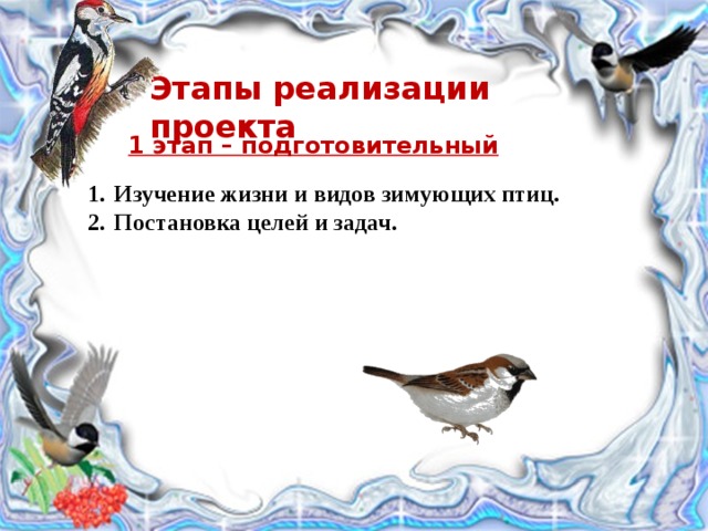 Этапы реализации проекта 1 этап – подготовительный Изучение жизни и видов зимующих птиц. Постановка целей и задач. 