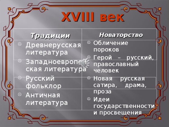 XVIII век  Новаторство Обличение пороков Герой – русский, православный человек Новая русская сатира, драма, проза Идеи государственности и просвещения  Традиции Древнерусская литература Западноевропейская литература Русский фольклор Античная литература 