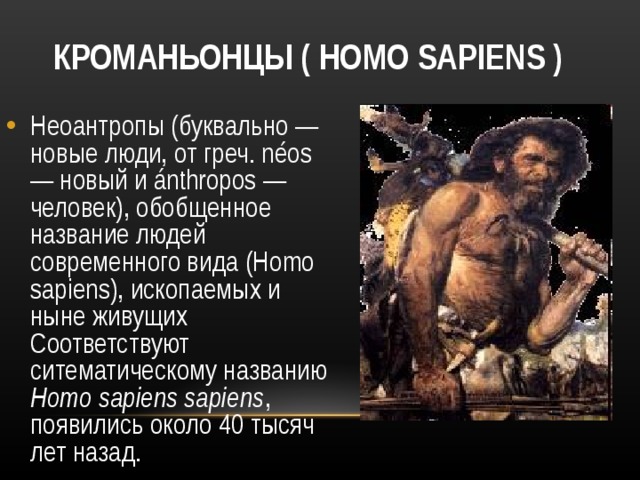 КРОМАНЬОНЦЫ ( HOMO SAPIENS ) Неоантропы (буквально — новые люди, от греч. néos — новый и ánthropos — человек), обобщенное название людей современного вида (Homo sapiens), ископаемых и ныне живущих Соответствуют ситематическому названию Homo sapiens sapiens , появились около 40 тысяч лет назад. 