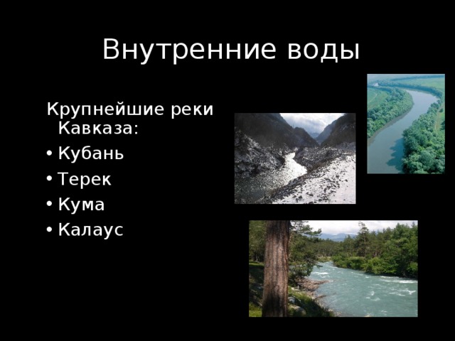 Внутренние воды Крупнейшие реки Кавказа: Кубань Терек Кума Калаус 