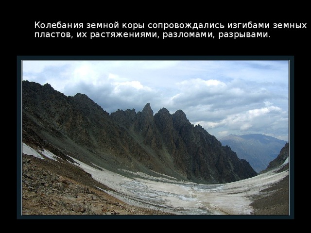 Колебания земной коры сопровождались изгибами земных пластов, их растяжениями, разломами, разрывами. 