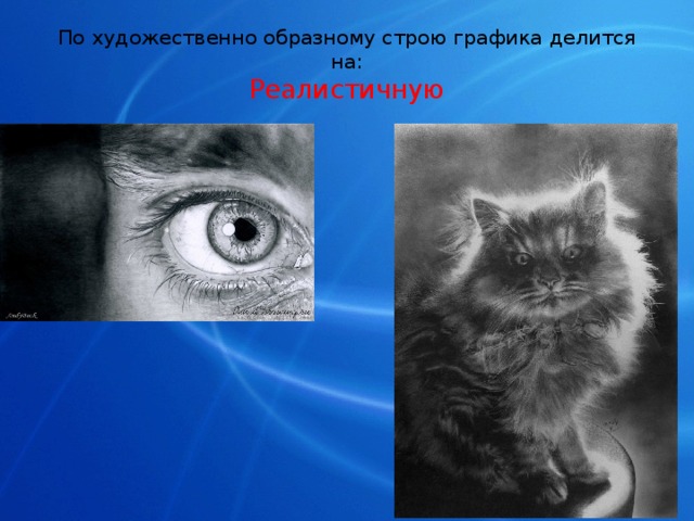 По художественно образному строю графика делится на:  Реалистичную 
