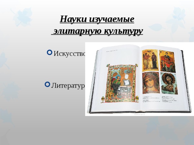 Науки изучаемые  элитарную культуру Искусствоведение; Литературоведение; 