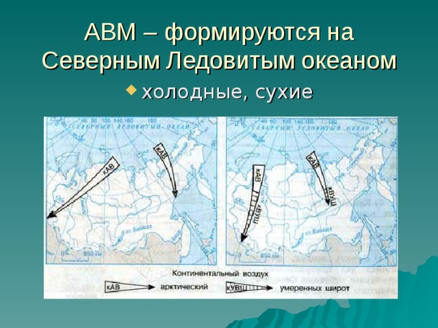 АВМ – формируются на Северным Ледовитым океаном холодные, сухие 