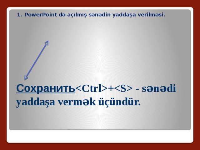 PowerPoint də açılmış sənədin yaddaşa verilməsi. Сохранить + - sənədi yaddaşa vermək üçündür. 
