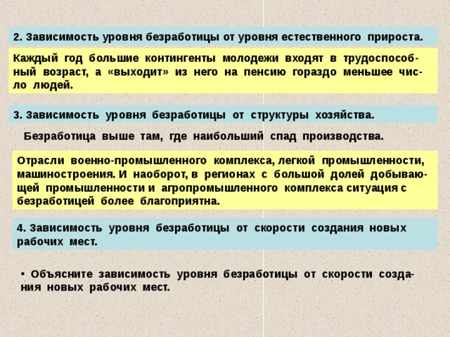 2. Зависимость уровня безработицы от уровня естественного прироста. Каждый год большие контингенты молодежи входят в трудоспособ-ный возраст, а «выходит» из него на пенсию гораздо меньшее чис-ло людей.  Почему в районах с высоким естественным приростом, как правило, высокий уровень безработицы? 3. Зависимость уровня безработицы от структуры хозяйства. Безработица выше там, где наибольший спад производства.  Назовите отрасли хозяйства, для которых характерен наиболь-ший спад. Отрасли военно-промышленного комплекса, легкой промышленности, машиностроения. И наоборот, в регионах с большой долей добываю-щей промышленности и агропромышленного комплекса ситуация с безработицей более благоприятна. 4. Зависимость уровня безработицы от скорости создания новых рабочих мест.  Объясните зависимость уровня безработицы от скорости созда-ния новых рабочих мест. 