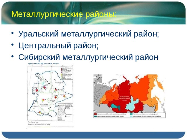 Металлургические районы: Уральский металлургический район; Центральный район; Сибирский металлургический район 