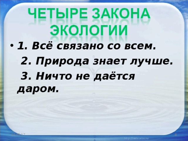 1. Всё связано со всем.  2. Природа знает лучше.  3. Ничто не даётся даром.  29.05.17  
